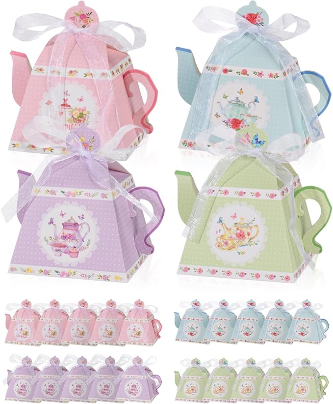 Liobelon 24 Pieces Floral Tea Party Favors Boxes Centerpiece Table Decoration Teapot Favor Boxes Tea Party Treat Gift Boxe...