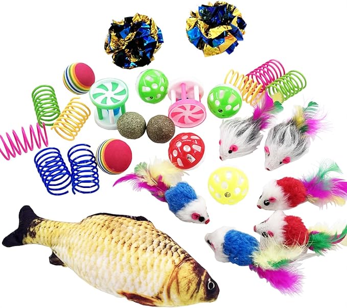 QUVOVID Cat Toys 27 Packs Combo Set, Cat Catnip Fish and Ball Toy, Cat Bell Balls Crinkle Balls, Cat Spring Toys, Plush Mi...