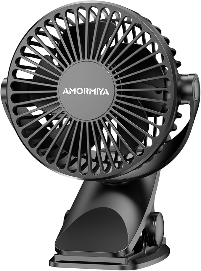 AMORMIYA Portable Clip on Fan, 4000mAh Battery Operated Fan, Max 4.5m/s Strong Airflow, 20H Runtime, Quiet 3 Speed USB Rec...
