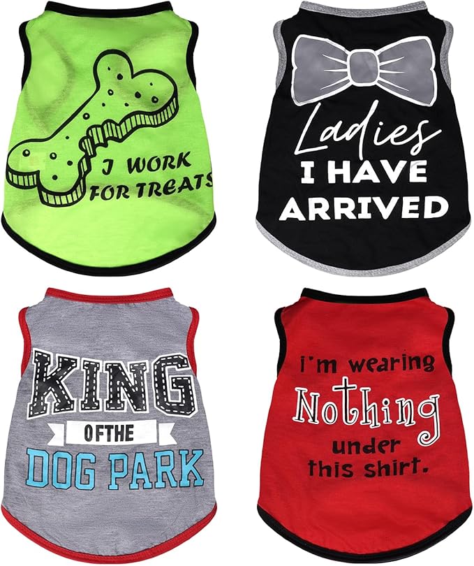 hoyuwak 4 Pieces Pet Shirts Funny Dog Printed Clothes Cool Breathable Puppy Sleeveless Vests Boy Dog Outfit for Summer