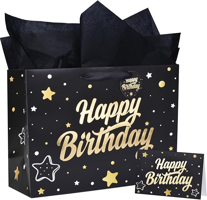 ZGORENDZ 14'' Large Gift Bag Gold Foil Happy Birthday Party Bag with Tissue Paper, Card, Envelope, Gift Tag