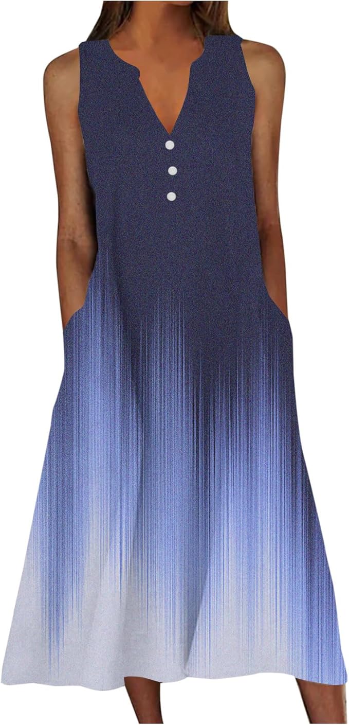 SMIDOW Womens Summer Design Casual Dress Fashion Floral Printed Elegant Dress Sleeveless V-Neck Long Dress with Pockets