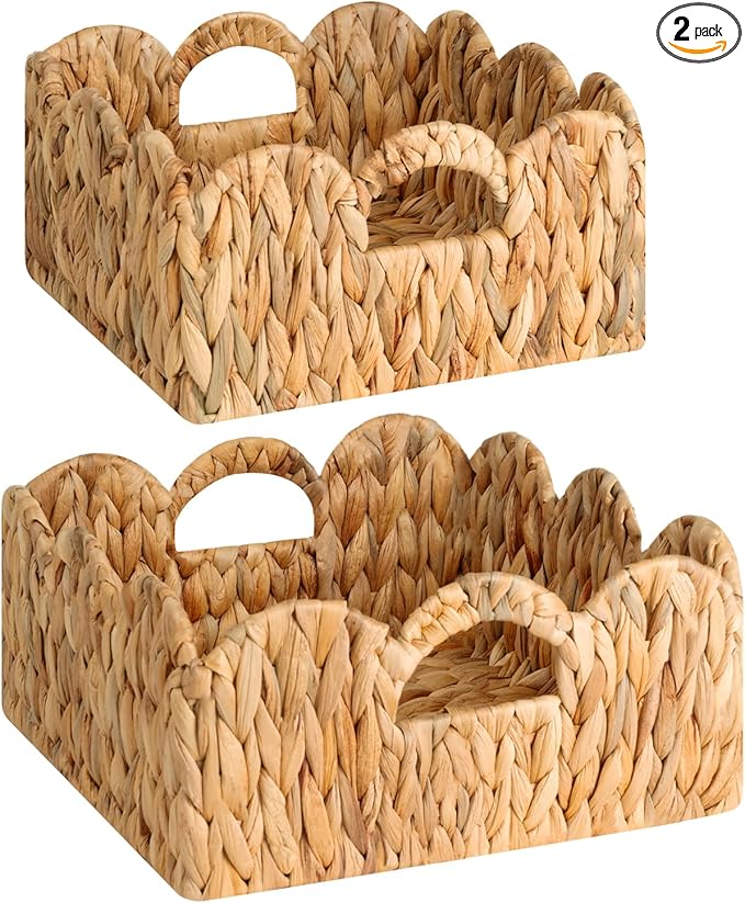StorageWorks Scalloped Wicker Basket, Woven Baskets for Storage, Rattan Baskets with Handles, Paper Rope Basket for Organi...