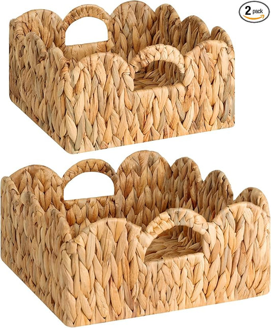 StorageWorks Scalloped Wicker Basket, Woven Baskets for Storage, Rattan Baskets with Handles, Paper Rope Basket for Organi...
