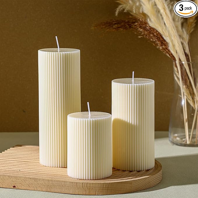 Conelist Ribbed Pillar Candles Set of 3, Width 3" High 4" 6" 8" Large Soy Wax Orchids Scented Pillar Candles Aesthetic Rib...