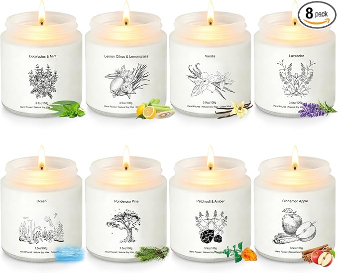 Scented Candles for Home, 8 Pack Soy Wax Gift Set for Women, Aromatherapy Candles, Lavender, Vanilla, Eucalyptus Mint, Ocean