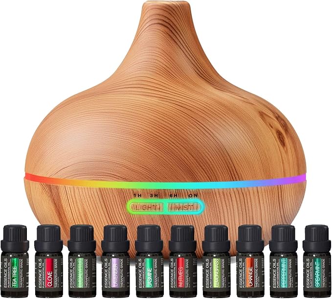 Ultimate Aromatherapy Diffuser & Essential Oil Set - Ultrasonic Top 10 Oils Modern with 4 Timer 7 Ambient Light Settings T...