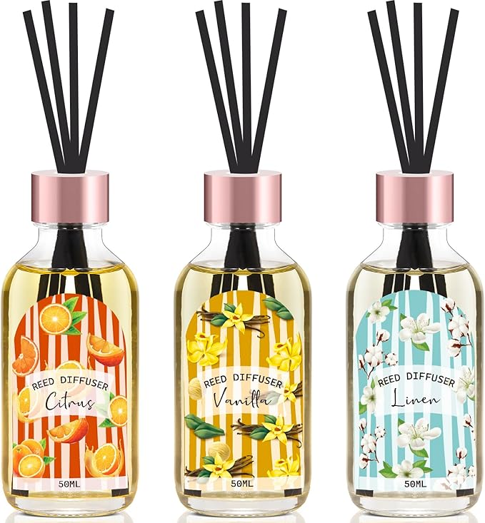 Reed Diffuser Set of 3 Pack, Linen Vanilla Citrus Scented Oil Diffuser with 15 Sticks, Reed Diffusers for Home, Bathroom A...