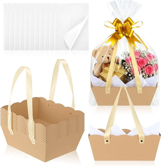 Fuyoooo 8 Sets Baskets for Gifts Empty Sturdy Kraft 10x9'' Scalloped Edge Thick Kraft Baskets with Handles 16 Tissue Paper...