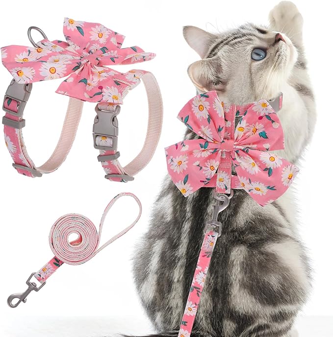 PAWCHIE Cat Harness and Leash Set with Bow Knot,Cats Escape Proof-Adjustable Daisy Floral Kitten Harness Soft Outdoor Walk...
