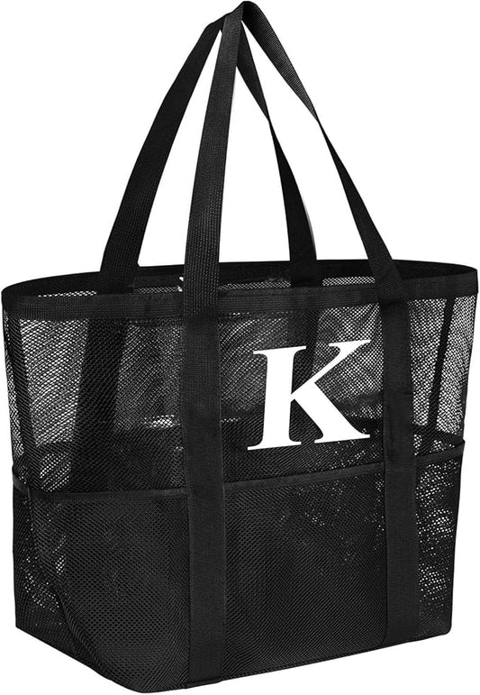 wanchel Personalized Mesh Beach Bag for Women - Waterproof Initial Tote Bag for Family Travel, Toys, Vacation Essentials