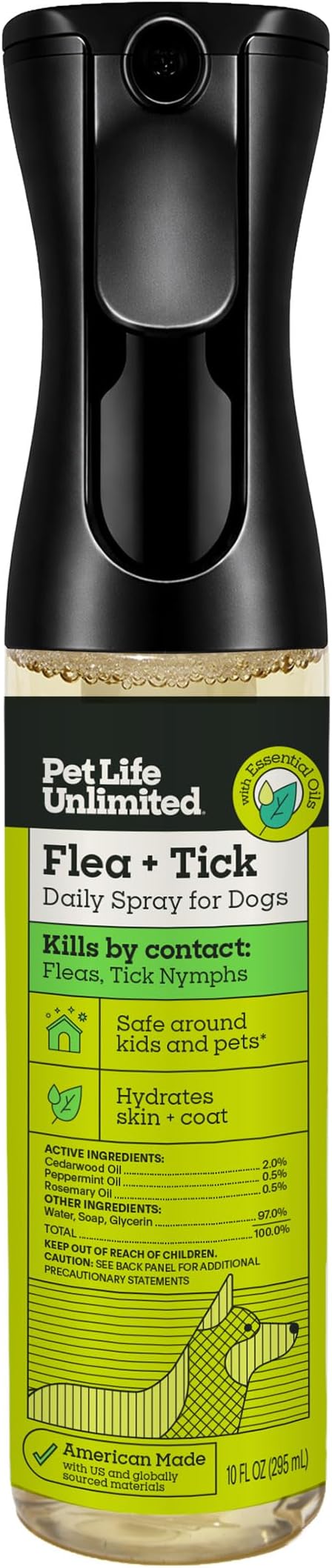 Pet Life Unlimited Natural Flea & Tick Spray for Dogs, 10 oz, Plant-Based Prevention & Treatment with Essential Oils, Kill...
