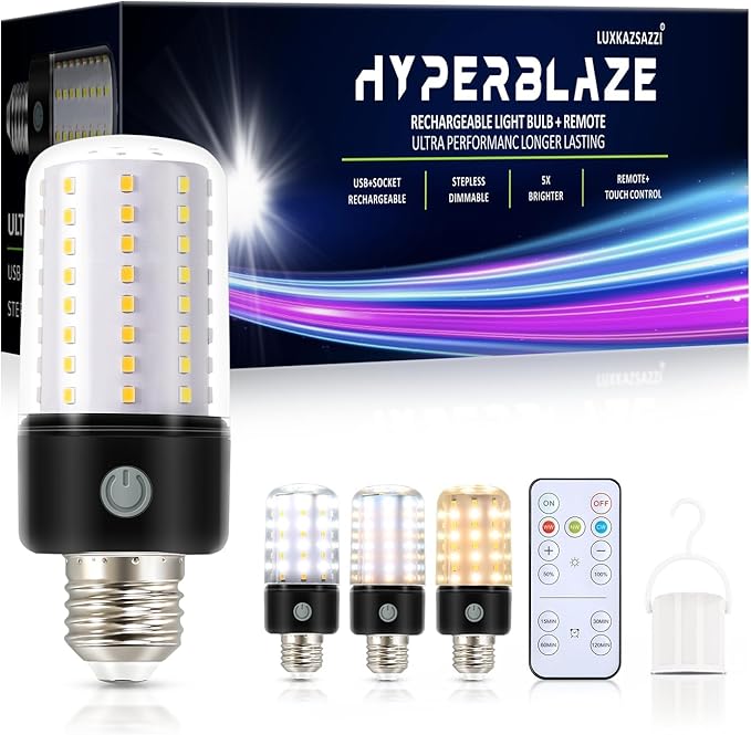 HYPERBLAZE Battery Operated Light Bulbs for Lamps, Wide Bright & 3 Colors & Dimmable Rechargeable Light Bulbs with Remote ...