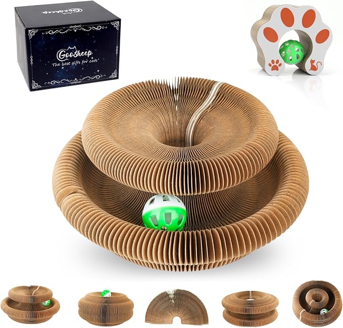 Goosheep 1 Pack Cat Scratcher Kitty Curls Accordion Cat Toys for Indoor Cats Cardboard Cat Scratching Board Ball Scratcher...