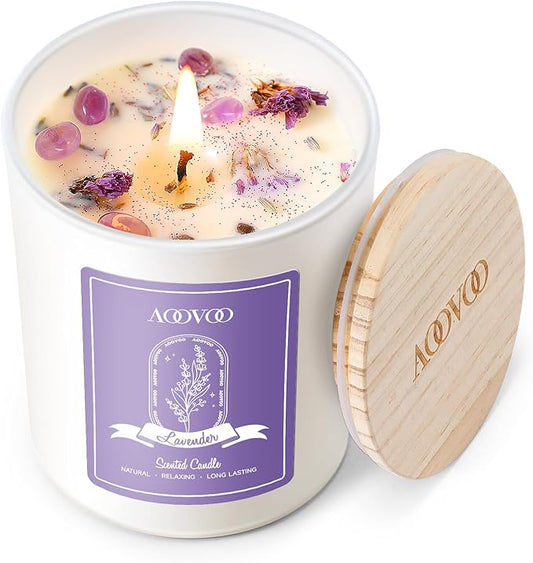 AOOVOO Lavender Scented Candles for Women - Aromatherapy Candle with Crystals Inside, 7oz Soy Candles for Home Scented, Bi...