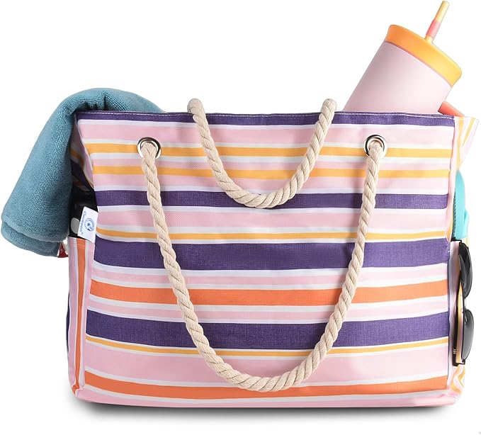 Genteen Beach Bag for Women, Large Waterproof Sandproof Beach Tote with Zipper Pocket, Solid for Travel Pool