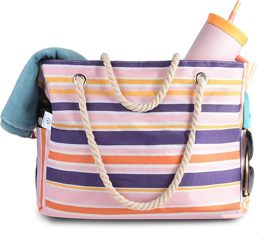 Genteen Beach Bag for Women, Large Waterproof Sandproof Beach Tote with Zipper Pocket, Solid for Travel Pool
