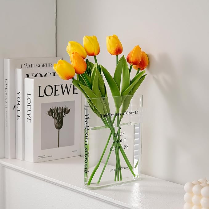 Puransen Clear Book Flower Vase - Floral Bookshelf Decor, Acrylic Flower Holder & Space-Saving Organizer, Modern Home Offi...