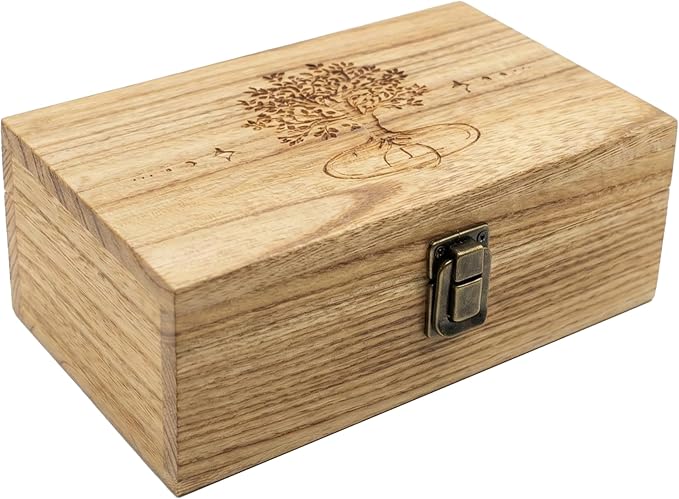 Trinket Box with Lock- Hand-Engraved Tree of Life Keepsake Box, 7.8" Vintage Wood Storage Box Jewelry Box for Crystals, Je...