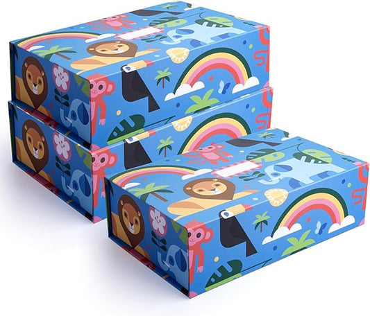 Sorarto 3-Pack Birthday Boxes for Kids – Jungle Animal Memory Box for Keepsakes with Magnetic Lids – Sturdy Decorative Gif...