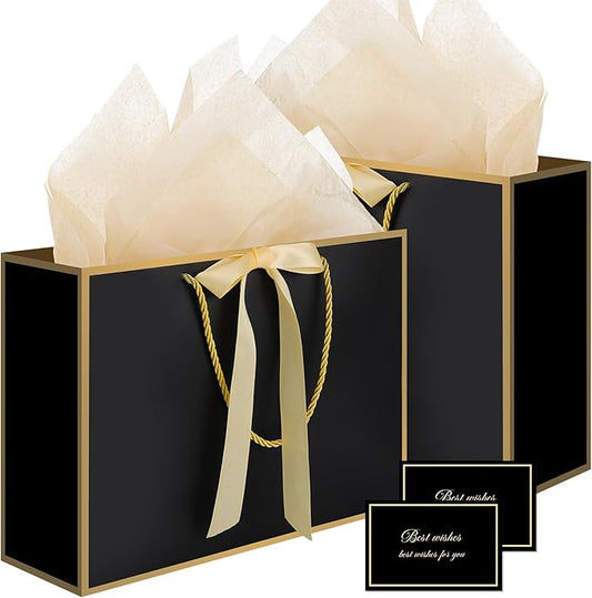 woric Black Gift Bags with Handles, 14" Medium Gift Bag with Tissue Paper, 2 Pcs Bags with 4 Tissue Paper and 2 Cards for ...