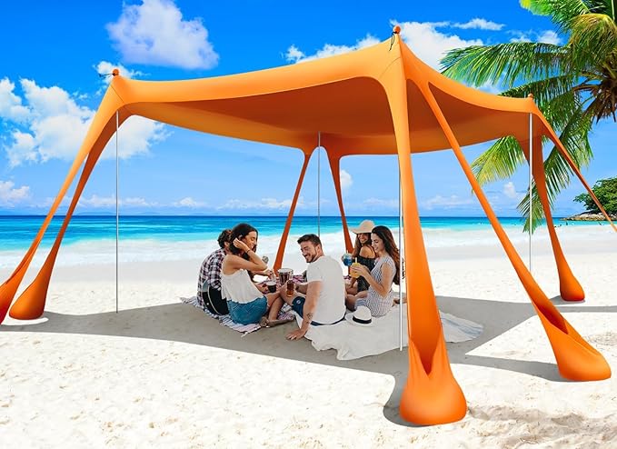 Wabolay Beach Tent Sun Shelter 10x10ft Beach Canopy Easy Pop Up Sun Shade Portable UPF50+ with 8 Sandbags-2 Sand Shovel-4 ...