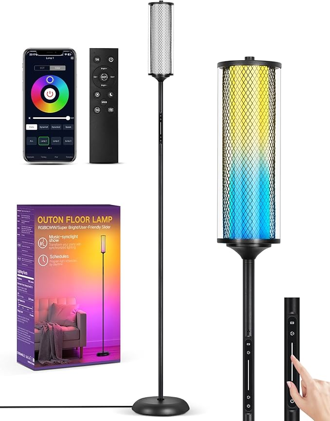 OUTON Bright Smart Floor Lamp with Remote, App & Touch Control, RGB Color Changing Standing Lamp, 2200K-6500K Dimmable, 3 ...