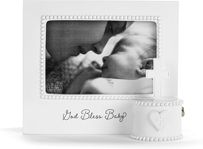 DEMDACO Musical Frames Collection God Bless Baby White Beaded 8 x 7 Resin Keepsake Baby Picture Frame with Cross & Trinket...