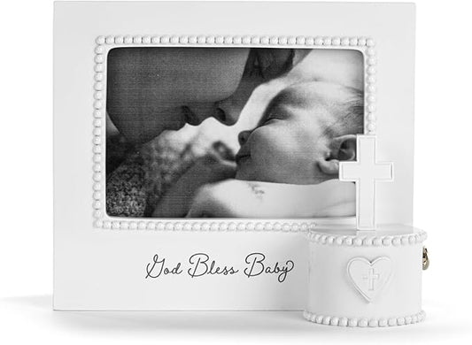 DEMDACO Musical Frames Collection God Bless Baby White Beaded 8 x 7 Resin Keepsake Baby Picture Frame with Cross & Trinket...