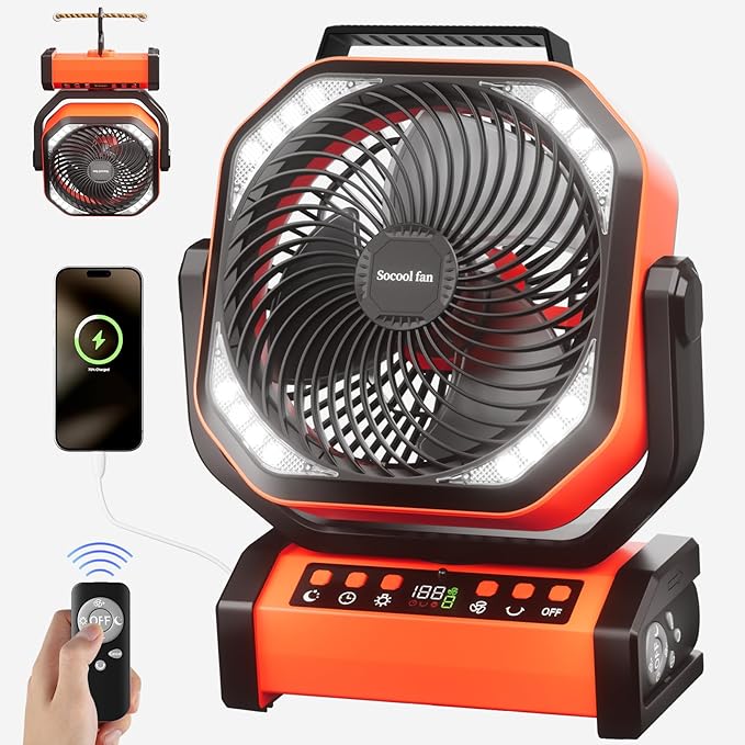 Socool Camping Fan with Light, 20000mAh Rechargeable Battery Fan with Remote, 112Hrs & 8 Speeds, Digital Display, Timer, A...