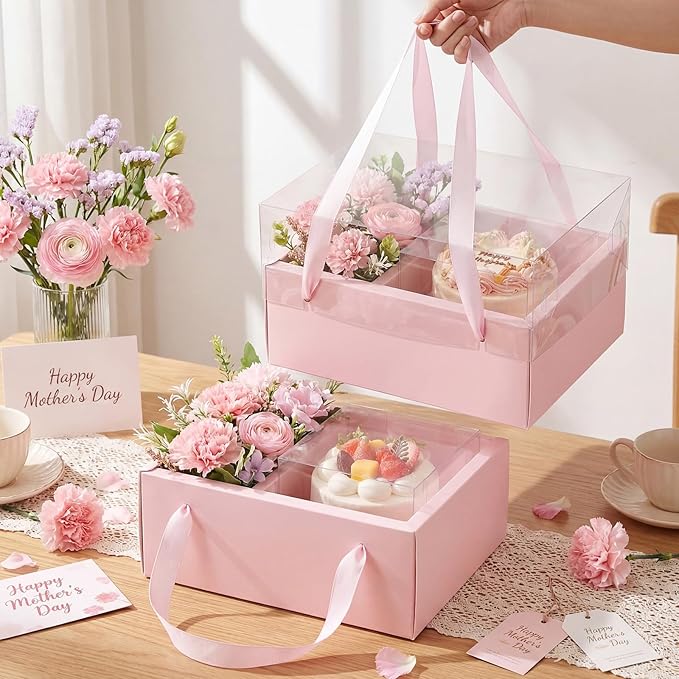 Qinyoung 12 Sets Mother's Day Flower Gift Box Cake Flower Gift Boxes with 12 Pcs Transparent PVC Cake Boxes Mother's Day B...
