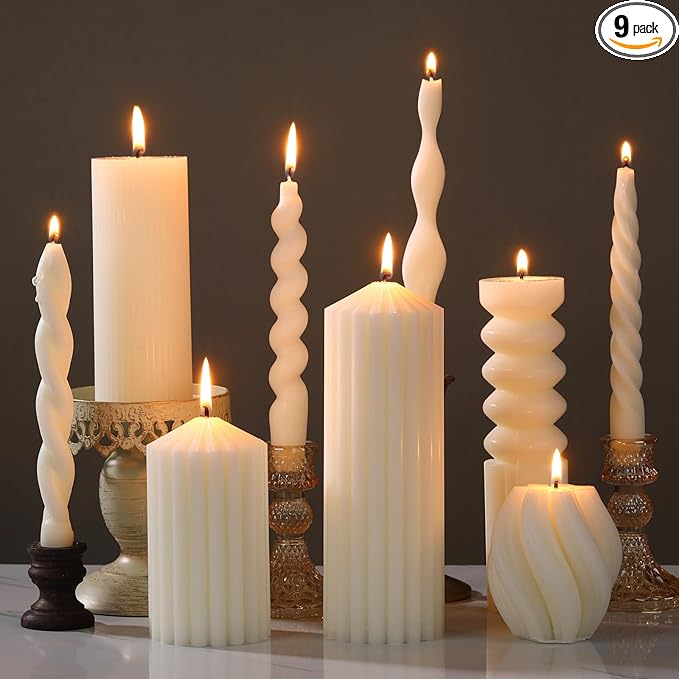 Nuanchu 9 Pcs Modern Decorative Candles Set 5 Pillar Aesthetic Ribbed Candles 4 Spiral Taper Twisted Candlesticks Scented ...