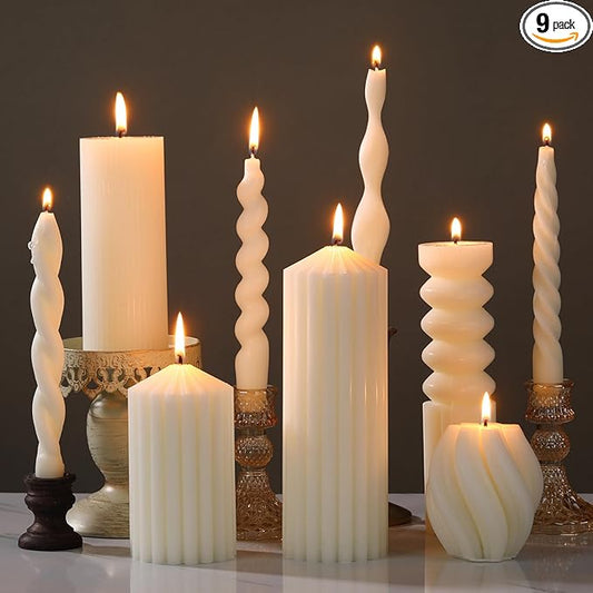 Nuanchu 9 Pcs Modern Decorative Candles Set 5 Pillar Aesthetic Ribbed Candles 4 Spiral Taper Twisted Candlesticks Scented ...