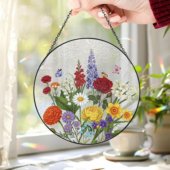Custom Family Birth Flower Bouquet Suncatcher, Birth Month Flowers Stained Glass Style Window Hanging, Personalized Floral...