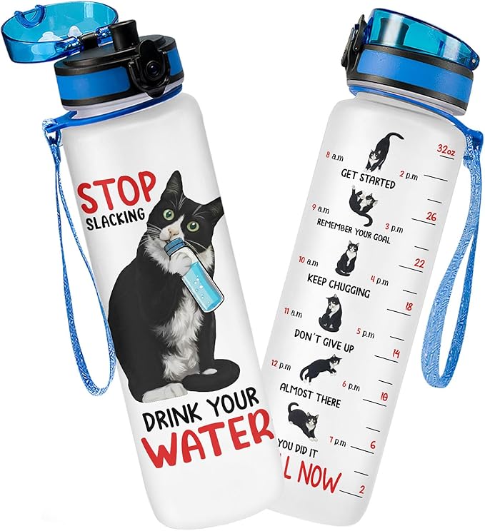 GEPOSTORE Funny Cat Hydration Water Bottle 32oz with Time Marker, Cute Cat Mom Gift for Women, Reusable Daily Motivation D...