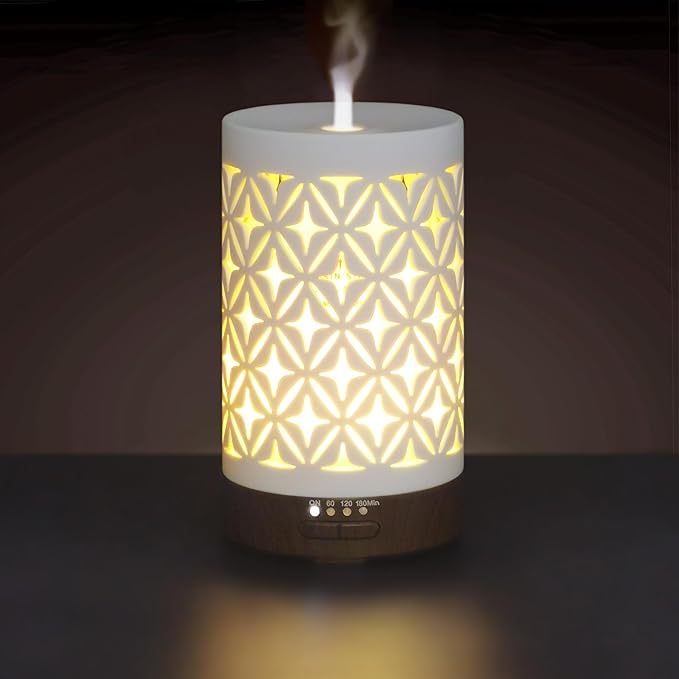 Earnest Living Essential Oil Diffuser for Home White Ceramic 100ml Aromatherapy Diffuser with 4 Timers 7 Night Lights and ...