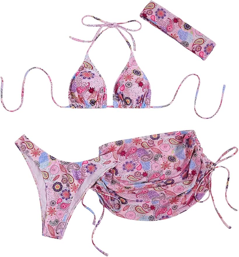 RoseSeek Women's 4 Piece Swimsuits Halter Triangle Bikini Sets Bathing Suit with Mesh Cover Up Skirt & Bandana