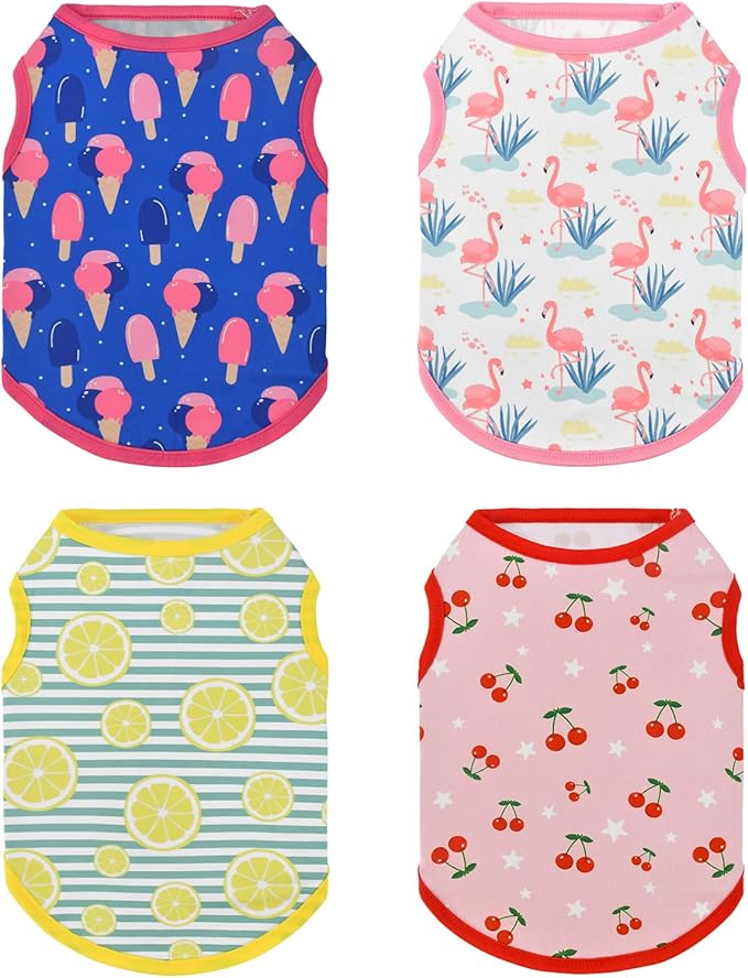 Vehomy 4-Pack Dog Summer Shirt Puppy Cat Summer Cool Sleeveless with Lemon Cherry Icecream Flamingo Patterns Dog Cooling V...
