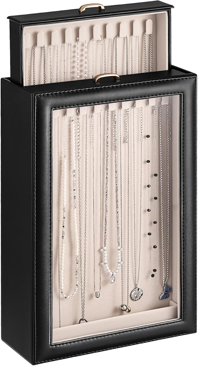 Lolalet Necklace Organizer Box, Jewelry Storage Box with Clear Window for Necklaces Bracelets, Tangle-Free Necklace Displa...
