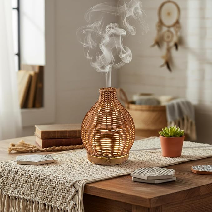 Copkim Essential Oil Diffuser Rattan Woven Boho Aroma Humidifier 80ml Ultrasonic Aromatherapy Diffuser with Timer and Wate...