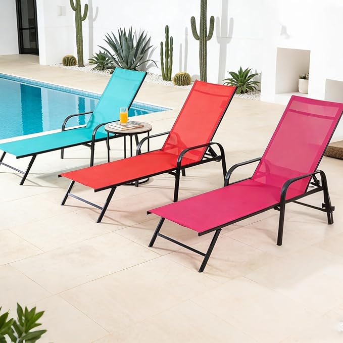 Simple Delxue Folding Chaise Lounge Chair with 5 Reclining Positions, Beach Recliner Chair with Armrests, Textilene Fabric...