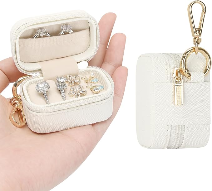 KUKUVR Small Travel Ring Stud Earring Box with Keychain, Mini Wedding Ring Holder Boxes for Multiple Rings, Portable Jewel...
