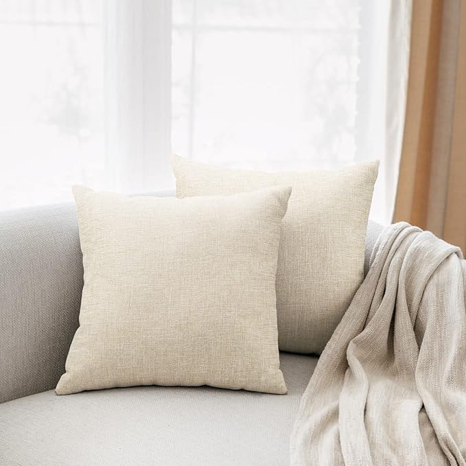 All Smiles Beige Linen Throw Pillow Covers 16x16 Set of 2 Neutral Khaki Decorative Farmhouse Décor Burlap Cushion Cases Ho...