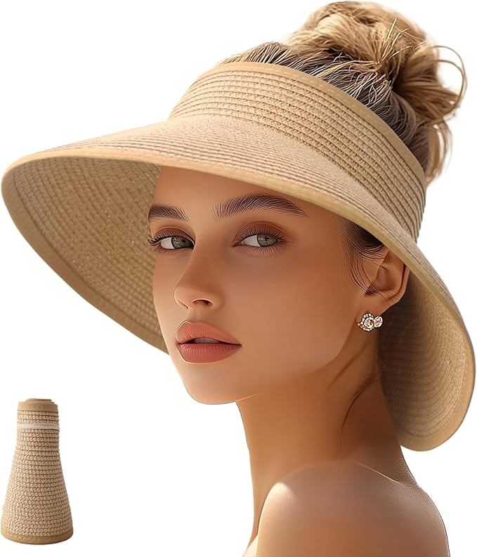 JYxingchi Sun Visor Hats for Women Straw Wide Brim Ponytail Beach Hat Packable Foldable UV Protection Travel Hats