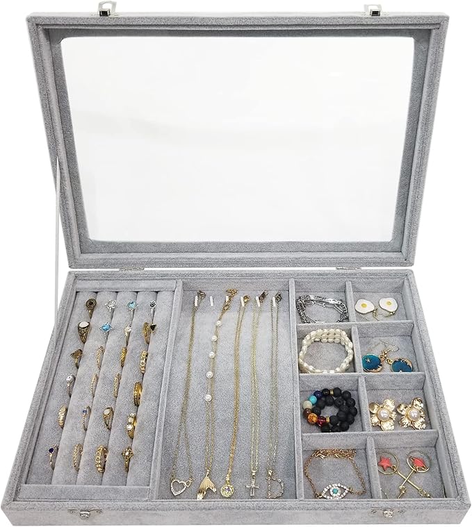 BesyPro Ice Velvet Jewelry Organizer Box for Women Girlfriend Wife,Clear Lid Earrings Rings Necklace Bracelets Jewelry Tra...