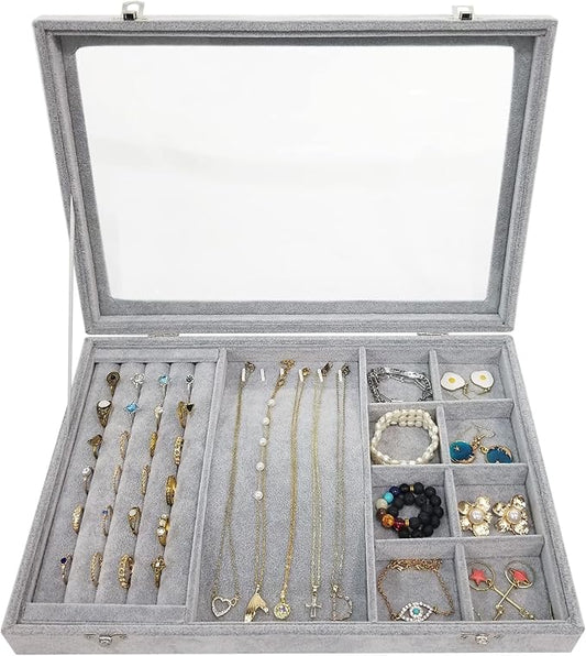 BesyPro Ice Velvet Jewelry Organizer Box for Women Girlfriend Wife,Clear Lid Earrings Rings Necklace Bracelets Jewelry Tra...