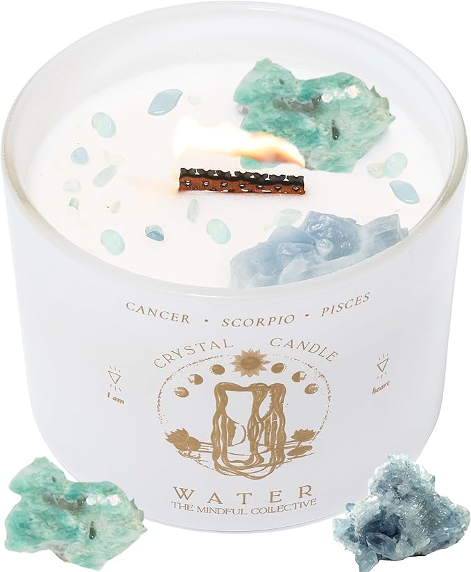 Pisces, Cancer, Scorpio Gifts for Women - 12oz Wood Wick Candles that Crackle with Crystals and Healing Stones. Healing Cr...