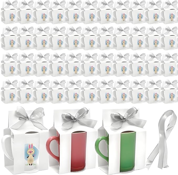 ZAVOOS 100 Pieces Mug Boxes, 11 Oz Sublimation Mugs Gift Box with Ribbon for Packaging Shipping Selling, Small White Cups ...
