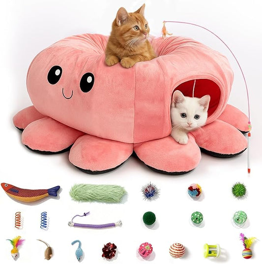VIEFIN Cat Tunnel Bed with 20 Cat Toys, Collapsible Play Tunnel for Indoor Cats, Kitten Toys for Indoor Kittens, Octopus S...
