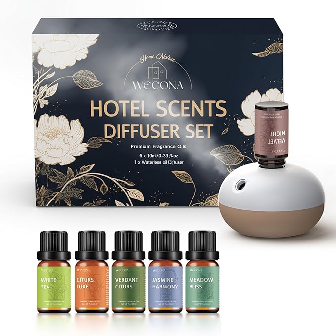 Waterless Rechargeable Scent Diffuser – Hotel Collection Diffuser Set with 6 Hotel Essential Oils – Two Intensity Modes – ...